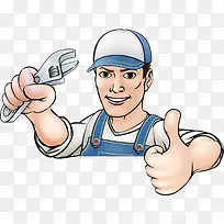 手绘装修工人手握扳手竖起大拇指-空若网 手绘装修工人手握扳手竖起大拇指-空若网