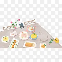 免抠卡通手绘桌子上的食物花朵装-空若网 免抠卡通手绘桌子上的食物花朵装-空若网