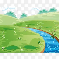 卡通郊外溪边草坡风景矢量图-空若网 卡通郊外溪边草坡风景矢量图-空若网