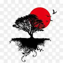 矢量水墨树和太阳-空若网 矢量水墨树和太阳-空若网