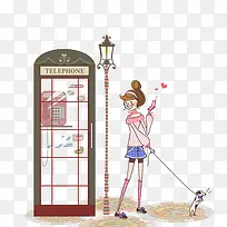 手绘日系小清新少女与电话亭-空若网 手绘日系小清新少女与电话亭-空若网