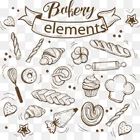 面包店元素和餐具的矢量草图-空若网 面包店元素和餐具的矢量草图-空若网