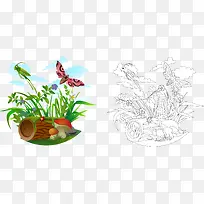 卡通蚱蜢蝴蝶蘑菇木头花草-空若网 卡通蚱蜢蝴蝶蘑菇木头花草-空若网