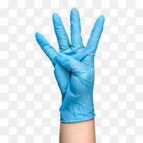戴着蓝色手套做着四的手势-空若网 戴着蓝色手套做着四的手势-空若网