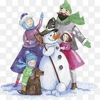 水彩雪人和一家四口-空若网 水彩雪人和一家四口-空若网