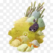 小猫草坪插画-空若网 小猫草坪插画-空若网