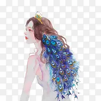 蓝色孔雀少女插画-空若网 蓝色孔雀少女插画-空若网