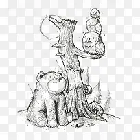 黑白手绘小熊小鸟树枝-空若网 黑白手绘小熊小鸟树枝-空若网