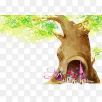 卡通手绘大树女孩城堡-空若网 卡通手绘大树女孩城堡-空若网