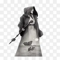 黑白人物风景插画-空若网 黑白人物风景插画-空若网