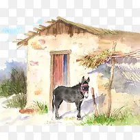 手绘水彩插图乡间草屋墙外绿草-空若网 手绘水彩插图乡间草屋墙外绿草-空若网