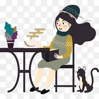 手绘小清新喝咖啡女子插画图案-空若网 手绘小清新喝咖啡女子插画图案-空若网