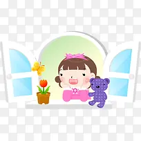 手绘窗边的小女孩矢量图-空若网 手绘窗边的小女孩矢量图-空若网