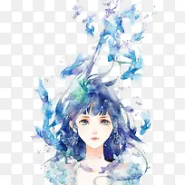 蓝色海洋美女插画-空若网 蓝色海洋美女插画-空若网