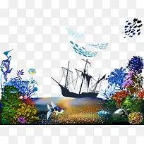 美丽海底风景和沉船矢量素材-空若网 美丽海底风景和沉船矢量素材-空若网