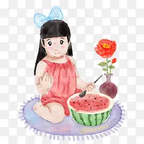 立夏手绘插画小女孩吃西瓜手绘插-空若网 立夏手绘插画小女孩吃西瓜手绘插-空若网