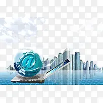 地球笔记本电脑与城市建筑-空若网 地球笔记本电脑与城市建筑-空若网