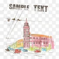 矢量大本钟与水彩城市-空若网 矢量大本钟与水彩城市-空若网