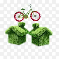 绿色草房子与自行车-空若网 绿色草房子与自行车-空若网