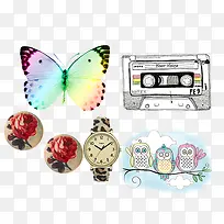 矢量蝴蝶卡带复古胸针表-空若网 矢量蝴蝶卡带复古胸针表-空若网