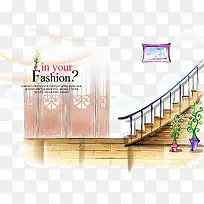 卡通手绘家居楼梯背景-空若网 卡通手绘家居楼梯背景-空若网