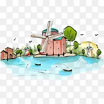 卡通手绘水彩风车-空若网 卡通手绘水彩风车-空若网