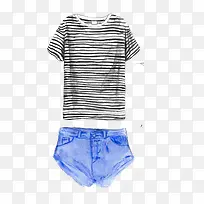 卡通手绘条纹上衣牛仔短裤-空若网 卡通手绘条纹上衣牛仔短裤-空若网