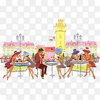 创意露天咖啡馆插画矢量素材-空若网 创意露天咖啡馆插画矢量素材-空若网