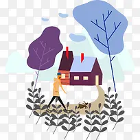 卡通手绘遛狗插画图案-空若网 卡通手绘遛狗插画图案-空若网