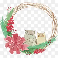 手绘水彩猫头鹰圣诞花环-空若网 手绘水彩猫头鹰圣诞花环-空若网