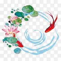 水彩绘荷叶鲤鱼荷塘-空若网 水彩绘荷叶鲤鱼荷塘-空若网