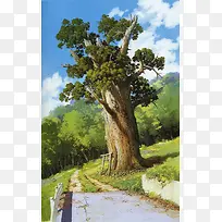 宫崎骏动画场景大树蓝天白云-空若网 宫崎骏动画场景大树蓝天白云-空若网