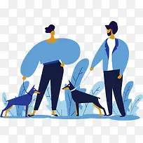 卡通手绘蓝色主题遛狗插画图案-空若网 卡通手绘蓝色主题遛狗插画图案-空若网