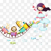 矢量火车动物插画与女孩-空若网 矢量火车动物插画与女孩-空若网