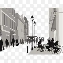 黑白剪影露天咖啡厅街头-空若网 黑白剪影露天咖啡厅街头-空若网