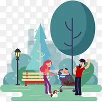 创意一家三口公园散步插画设计-空若网 创意一家三口公园散步插画设计-空若网