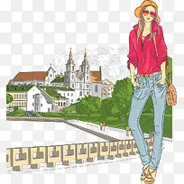时尚美女欧洲旅行插画矢量素材-空若网 时尚美女欧洲旅行插画矢量素材-空若网