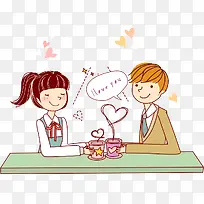 卡通情侣喝茶手绘-空若网 卡通情侣喝茶手绘-空若网