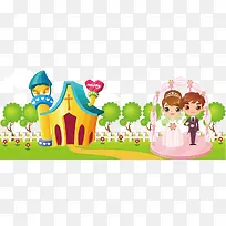 卡通城堡婚纱照矢量插画-空若网 卡通城堡婚纱照矢量插画-空若网