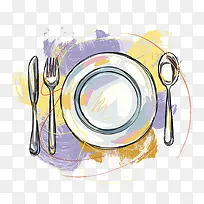 水彩装饰插图西餐餐具刀叉瓷盘-空若网 水彩装饰插图西餐餐具刀叉瓷盘-空若网