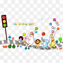 矢量过马路的卡通动物-空若网 矢量过马路的卡通动物-空若网