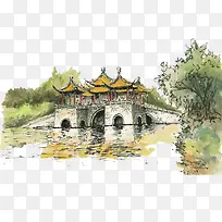 五亭桥彩色水彩画-空若网 五亭桥彩色水彩画-空若网