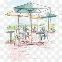 手绘水彩街头露天咖啡厅-空若网 手绘水彩街头露天咖啡厅-空若网