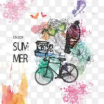矢量水彩冰淇淋和自行车-空若网 矢量水彩冰淇淋和自行车-空若网