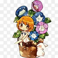 小女孩坐在花盆创意水彩画-空若网 小女孩坐在花盆创意水彩画-空若网