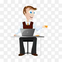 卡通手绘工作喝茶笔记本电脑男人-空若网 卡通手绘工作喝茶笔记本电脑男人-空若网