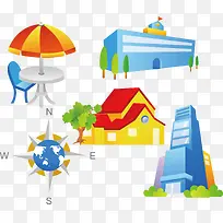 房子大楼指南针矢量素材-空若网 房子大楼指南针矢量素材-空若网