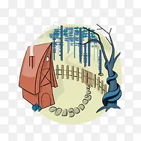 卡通手绘树林房屋篱笆石路-空若网 卡通手绘树林房屋篱笆石路-空若网