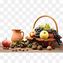 木板上的篮子和水果-空若网 木板上的篮子和水果-空若网