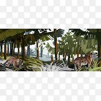 手绘芭蕉叶老虎背景-空若网 手绘芭蕉叶老虎背景-空若网